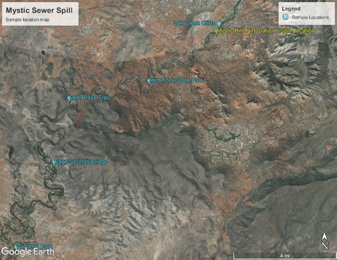 Map of testing locations along Oak Creek