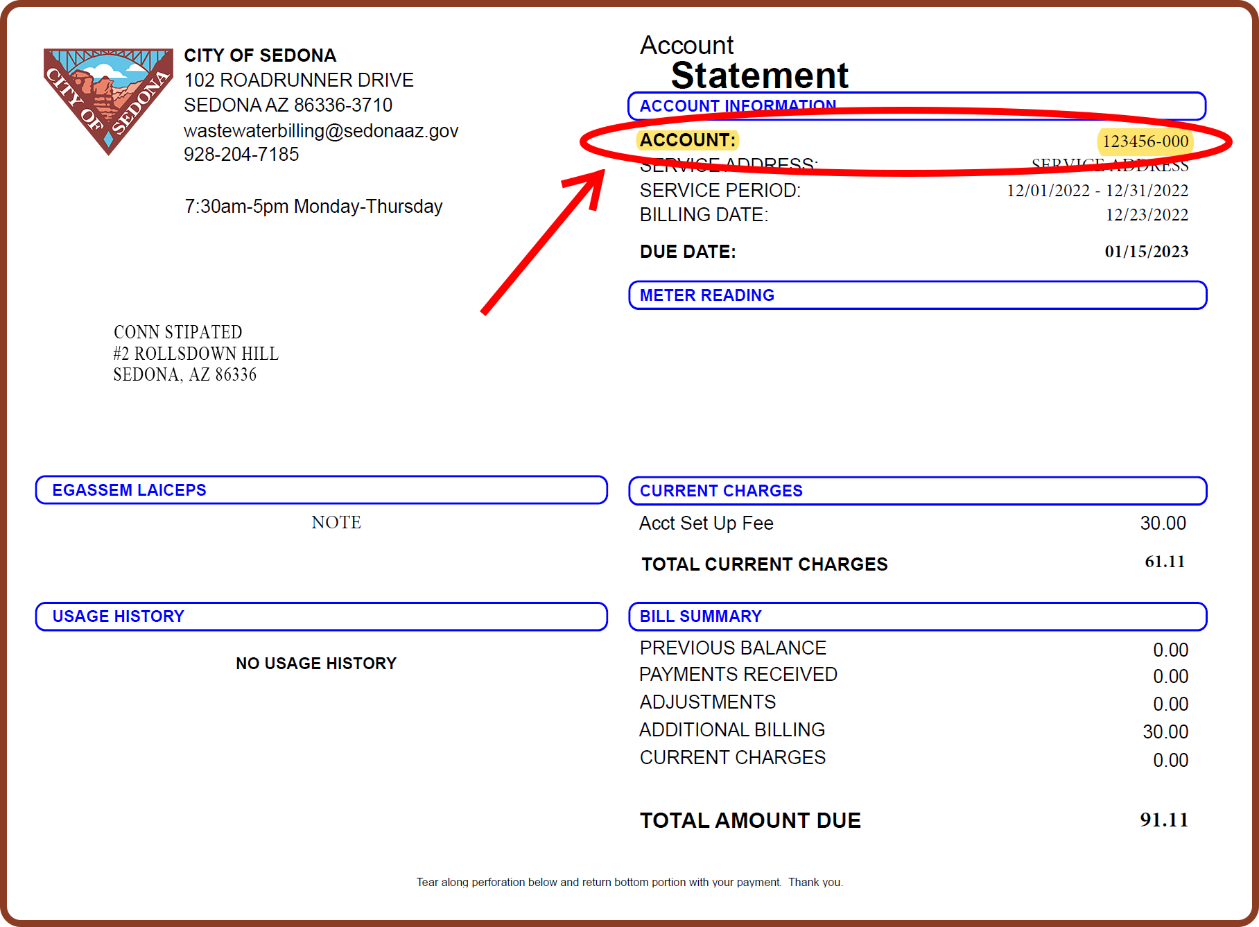 sample Sedona wastewater bill