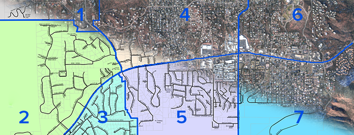 Illustrated map of zones for the city of Sedona, with partial overlay of an aerial view map 